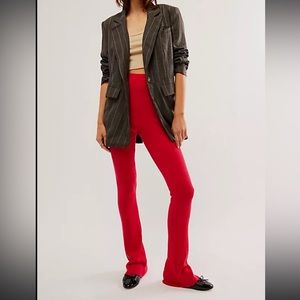 Free People Golden Hour Knit High-Rise Ribbed Flare Pants Red Berry XS-S